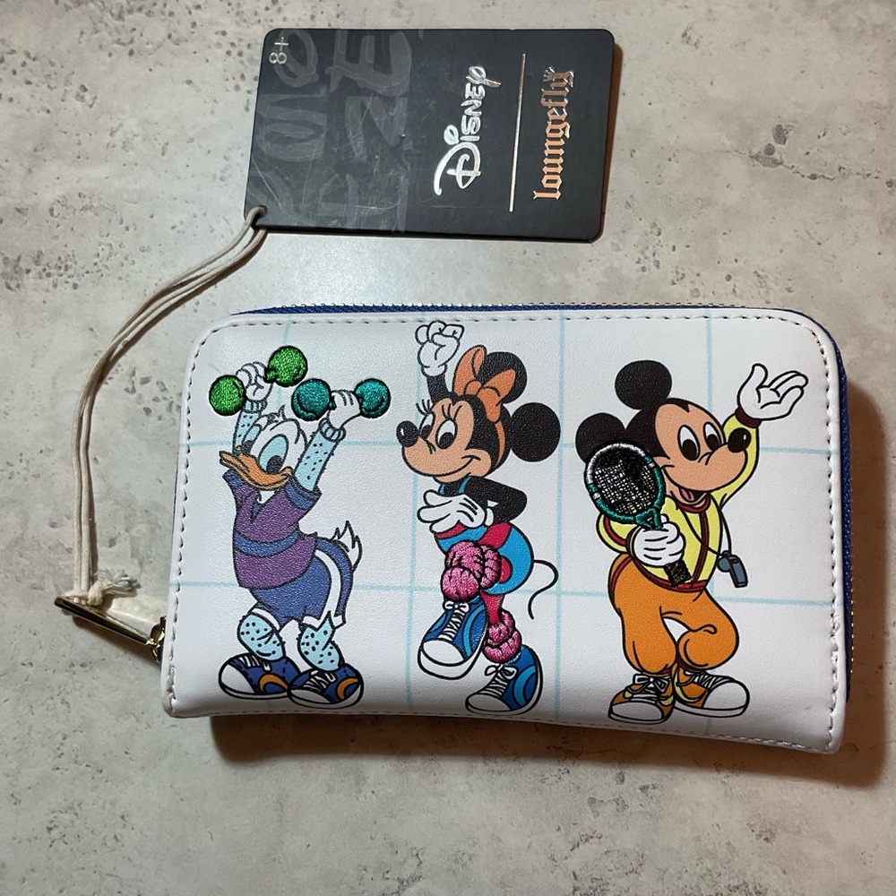 Disney Loungefly Mousercise Zip Around Wallet NWT,  Mickey, Minnie & Donald Duck